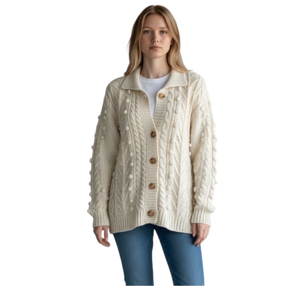 Oversized Vintage Cottagecore Pom Pom Cable Knit Cabincore Cardigan Sweater
